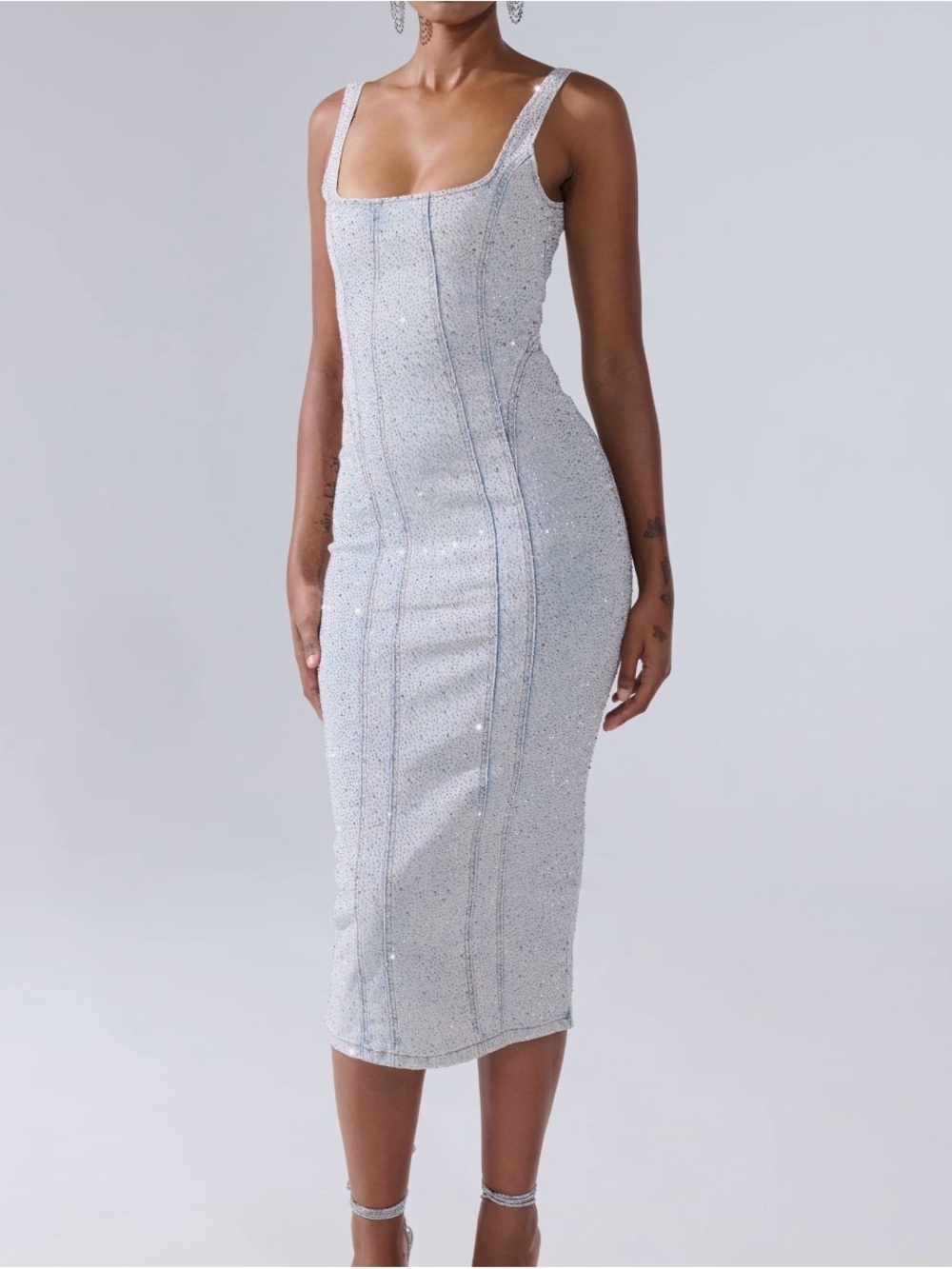 AKIRA Silver Sequin Square-Neck Midi Dress - Picture 3 of 5